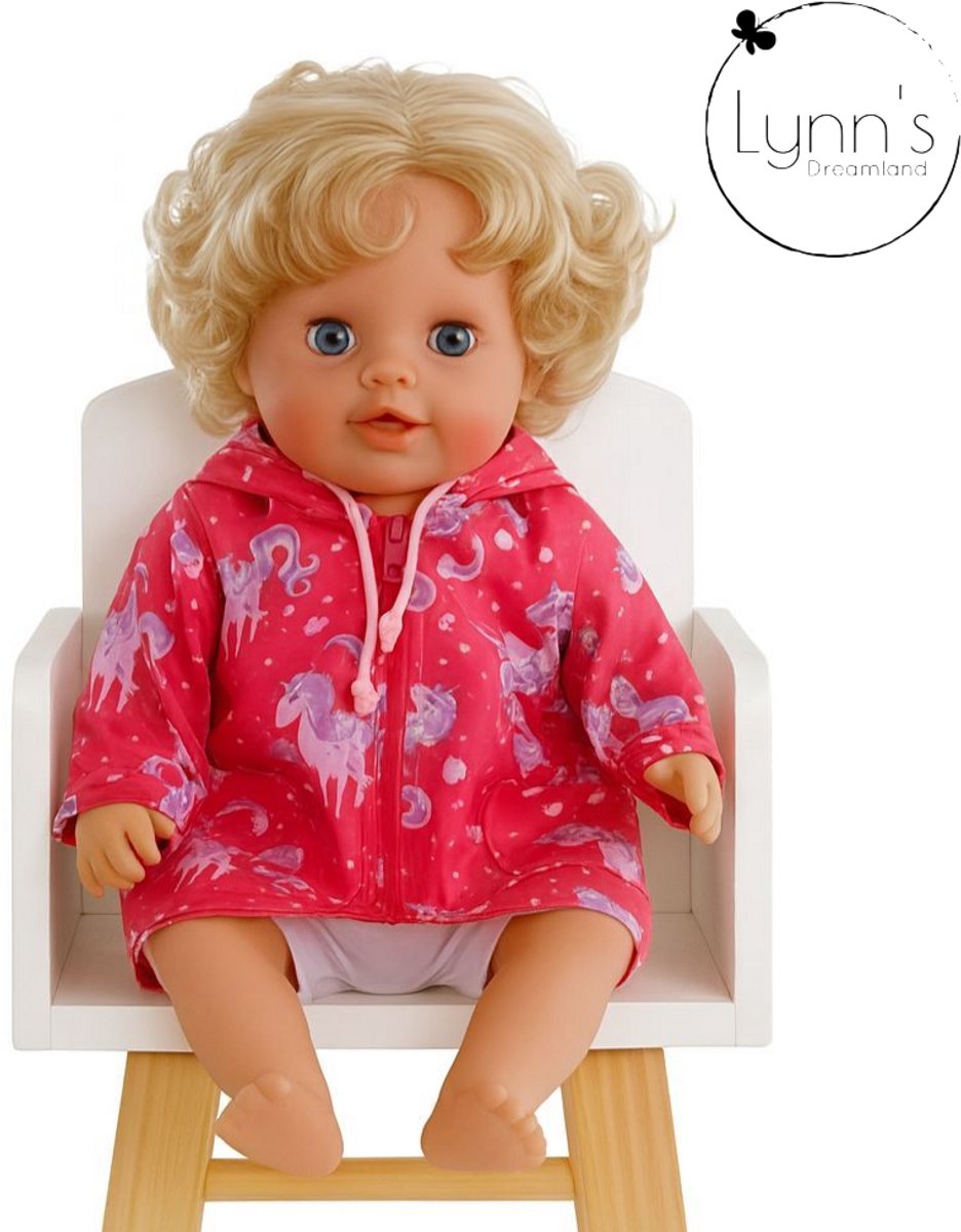 Lynns poppenkleertjes - Geschikt voor Babypop - Roze regenjas - Eenhoorns - Outfit voor 43cm pop - Lange jas - In cadeauzakje